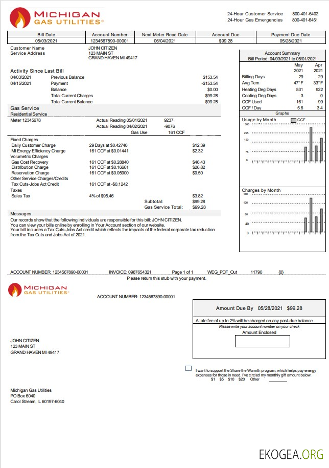 USA Michigan Gas Utilities utility bill template in Word and PDF format version 2